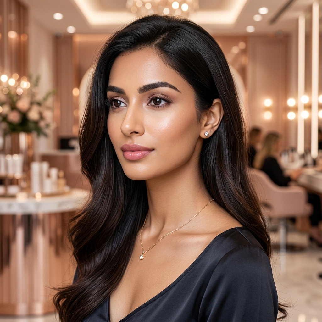 Luxury beauty model showing hair, skin, eyes, and lips